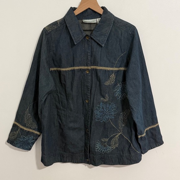 Susan Bristol Jackets & Blazers - Vintage Denim Jacket Womens 1X Blue Floral Embroidered Button Front Boho Y2K